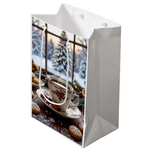 クリスマスコーヒーとクッキーの冬の窓のシーン ミディアムペーパーバッグ (正面アングル)
