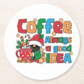 クリスマスコーヒーカップとフェスティバルことわざ ラウンドペーパーコースター (正面)