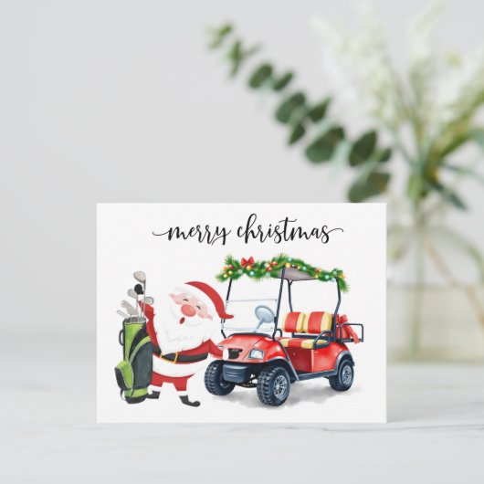 クリスマスゴルフカート付きゴルファーのサンタクロース シーズンポストカード (スタンド正面)