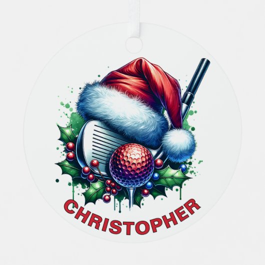 クリスマスゴルフクラブ&ボール名前をカスタムする メタルオーナメント (正面)