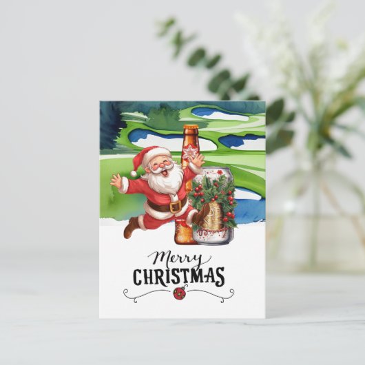 クリスマスゴルフサンタとビールおもしろい シーズンポストカード (スタンド正面)