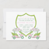 クリスマスゴルフパーティーピンクゴルフカート緑のクレスト 招待状 (正面)