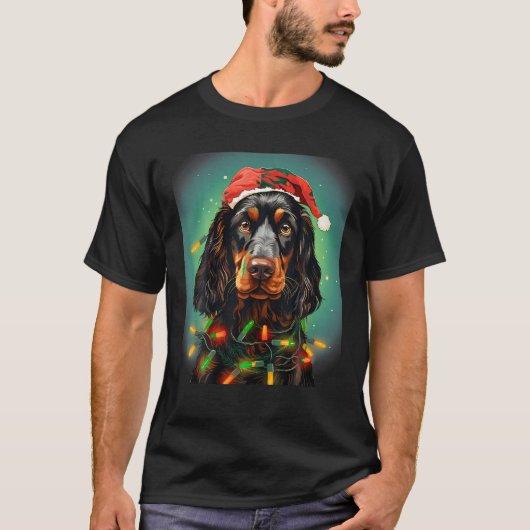 クリスマスゴードン・セッター犬がクリスマスライトを絡めた Tシャツ (正面)