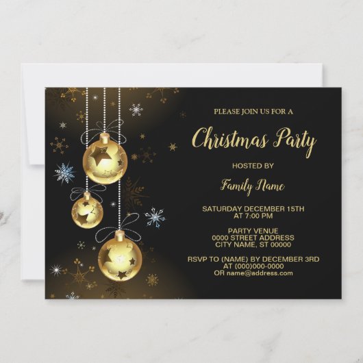 クリスマスゴールデンオーナメントシャイニースターブラックパーティー 招待状 (正面)