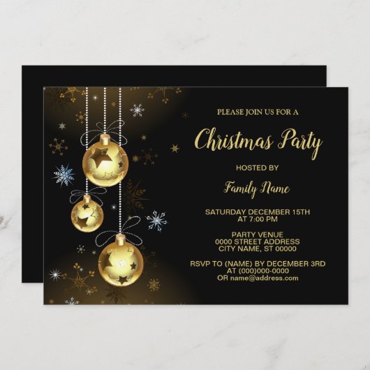 クリスマスゴールデンオーナメントシャイニースターブラックパーティー 招待状 (正面/裏面)