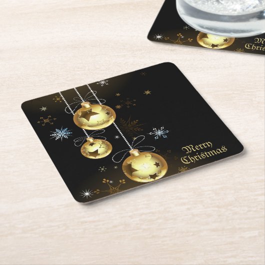 クリスマスゴールデンオーナメントシャイニースターブラック スクエアペーパーコースター (アングル)