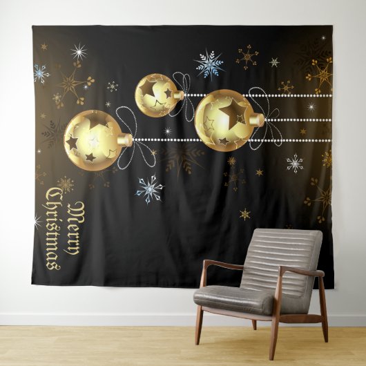 クリスマスゴールデンオーナメントシャイニースターブラック タペストリー (インサイチュ(横))