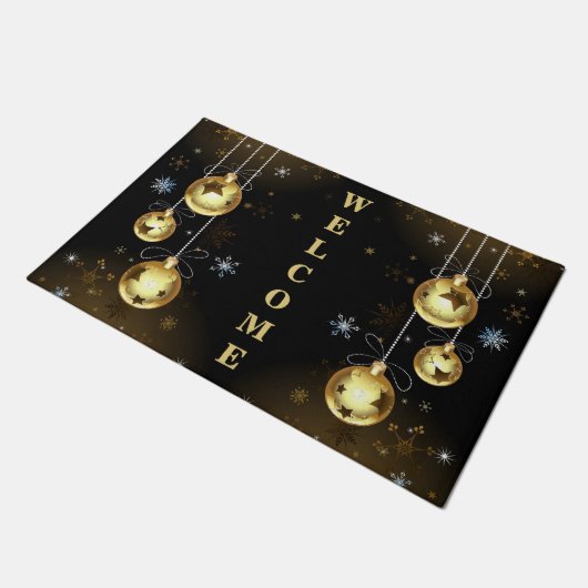 クリスマスゴールデンオーナメントシャイニースターブラック ドアマット (アングル)