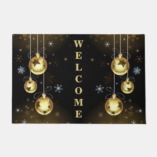 クリスマスゴールデンオーナメントシャイニースターブラック ドアマット (正面)