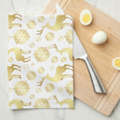 クリスマスゴールデンスノーフレークとトナカイ キッチンタオル (四つ折り)