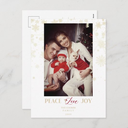 クリスマスゴールデンスノーフレーク&ホリーカスタムフォト シーズンポストカード (正面/裏面)