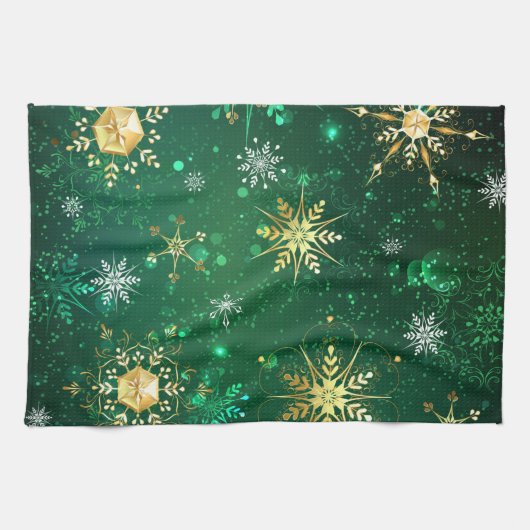 クリスマスゴールデンスノーフレークonグリーンバックグラウンド キッチンタオル (横)