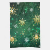 クリスマスゴールデンスノーフレークonグリーンバックグラウンド キッチンタオル (縦)