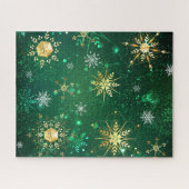 クリスマスゴールデンスノーフレークonグリーンバックグラウンド ジグソーパズル (横)