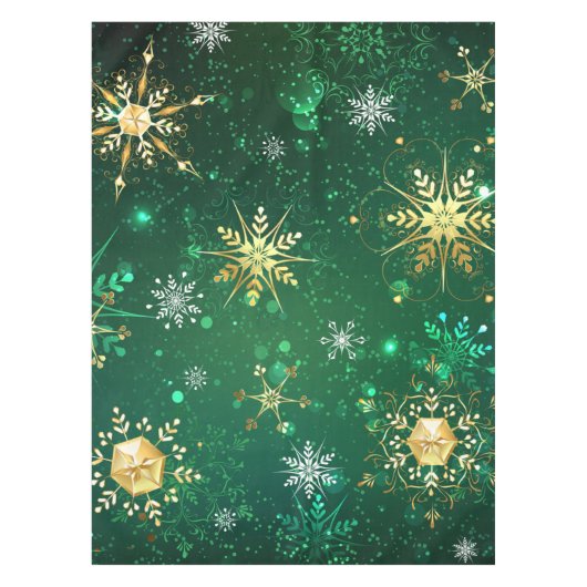 クリスマスゴールデンスノーフレークonグリーンバックグラウンド テーブルクロス (正面)