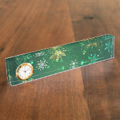 クリスマスゴールデンスノーフレークonグリーンバックグラウンド デスクネームプレート (側面)