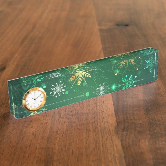 クリスマスゴールデンスノーフレークonグリーンバックグラウンド デスクネームプレート (側面)