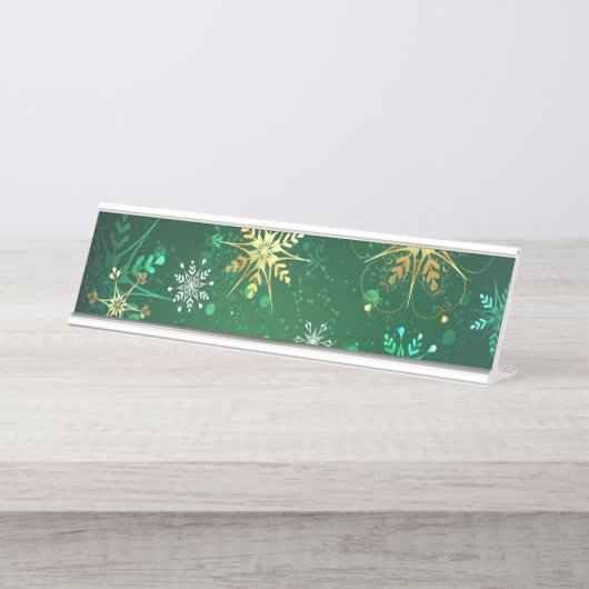 クリスマスゴールデンスノーフレークonグリーンバックグラウンド デスクネームプレート (正面)