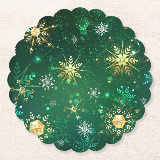 クリスマスゴールデンスノーフレークonグリーンバックグラウンド ペーパーコースター (正面)