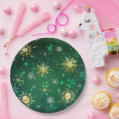 クリスマスゴールデンスノーフレークonグリーンバックグラウンド ペーパープレート (パーティー)