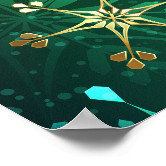 クリスマスゴールデンスノーフレークonグリーンバックグラウンド ポスター (角)