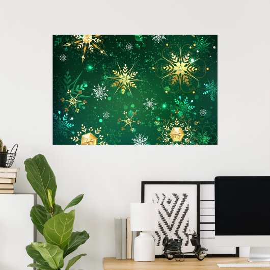 クリスマスゴールデンスノーフレークonグリーンバックグラウンド ポスター (ホームオフィス)
