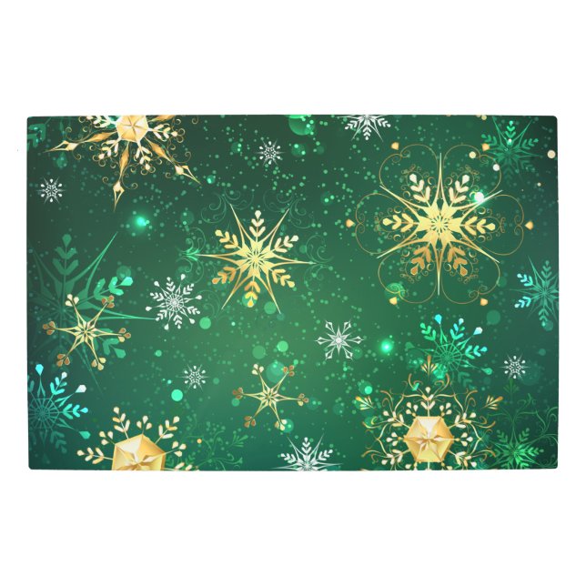 クリスマスゴールデンスノーフレークonグリーンバックグラウンド メタルプリント (正面)