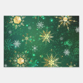 クリスマスゴールデンスノーフレークonグリーンバックグラウンド ラッピングペーパーシート (正面)