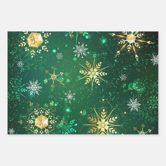 クリスマスゴールデンスノーフレークonグリーンバックグラウンド ラッピングペーパーシート (正面)