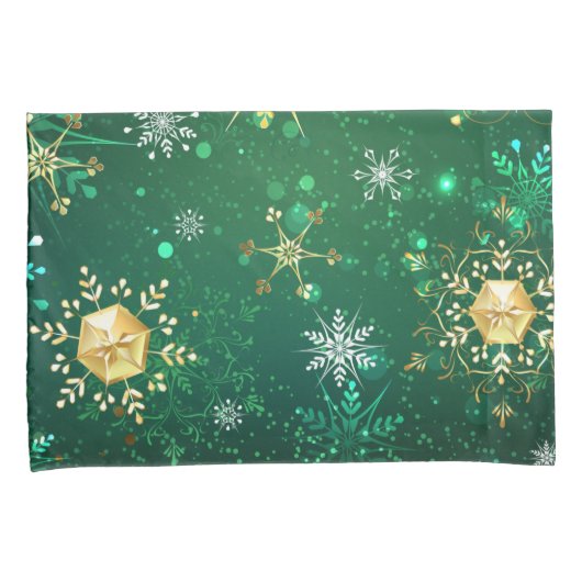 クリスマスゴールデンスノーフレークonグリーンバックグラウンド 枕カバー (正面右)