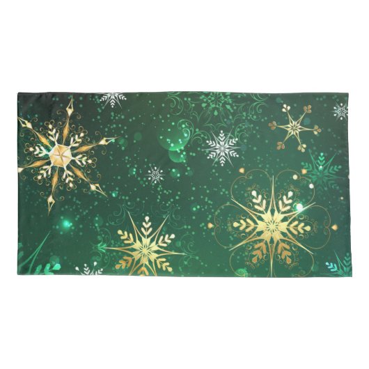 クリスマスゴールデンスノーフレークonグリーンバックグラウンド 枕カバー (裏面)