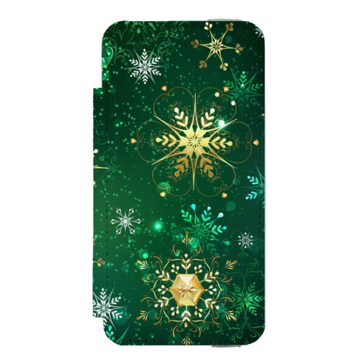 クリスマスゴールデンスノーフレークonグリーンバックグラウンド incipio iPhoneウォレットケース (フォリオ 正面)