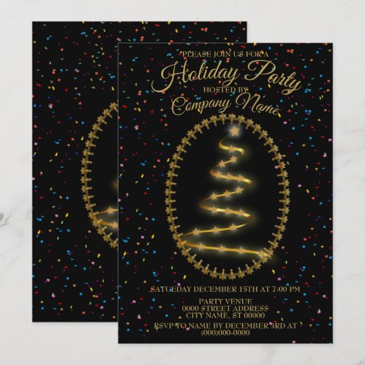 クリスマスゴールデンツリーカラフルグリッターブラックパーティー 招待状 (正面/裏面)