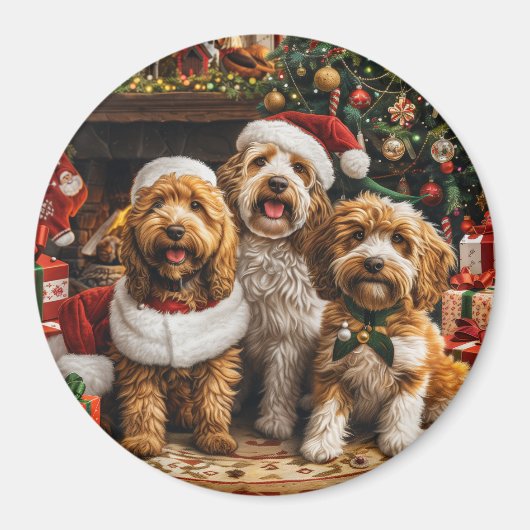 クリスマスゴールデンドゥードルパピードッグ マグネット (正面)