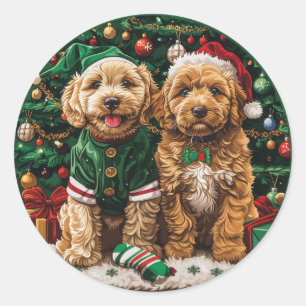 クリスマスゴールデンドゥードルパピードッグ ラウンドシール