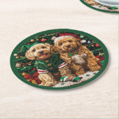 クリスマスゴールデンドゥードルパピードッグ ラウンドペーパーコースター (アングル)