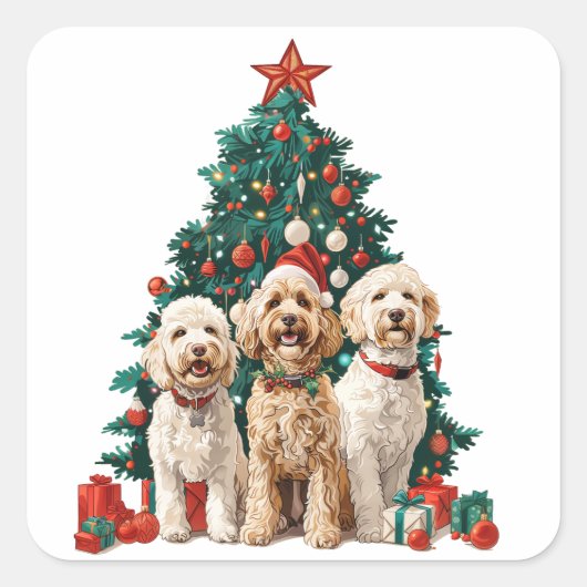 クリスマスゴールデンドール犬 スクエアシール (正面)