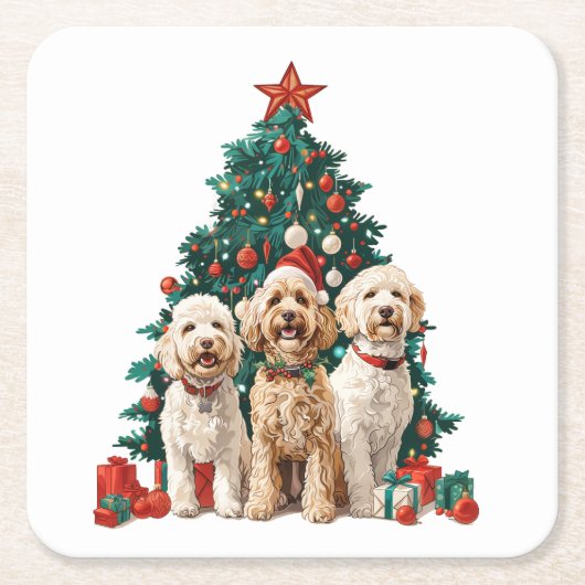 クリスマスゴールデンドール犬 スクエアペーパーコースター (正面)
