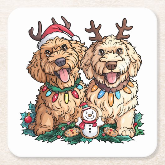 クリスマスゴールデンドール犬 スクエアペーパーコースター (正面)