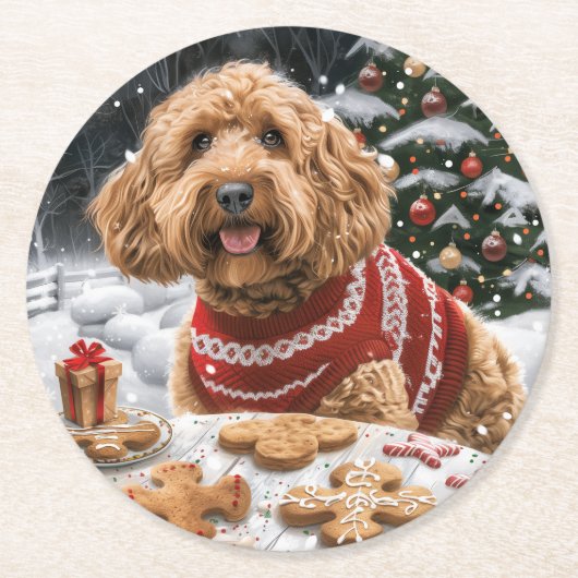 クリスマスゴールデンドール犬 ラウンドペーパーコースター (正面)