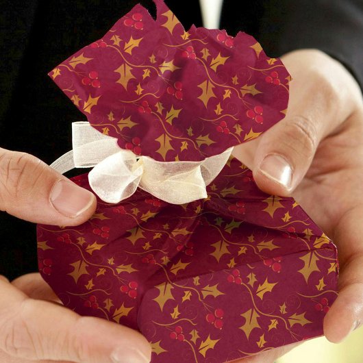 クリスマスゴールデンホリーと赤い果実の赤い深い 薄葉紙