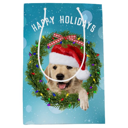 クリスマスゴールデンレトリエバーオンアクア《写真》ぼけ味 ミディアムペーパーバッグ (正面)