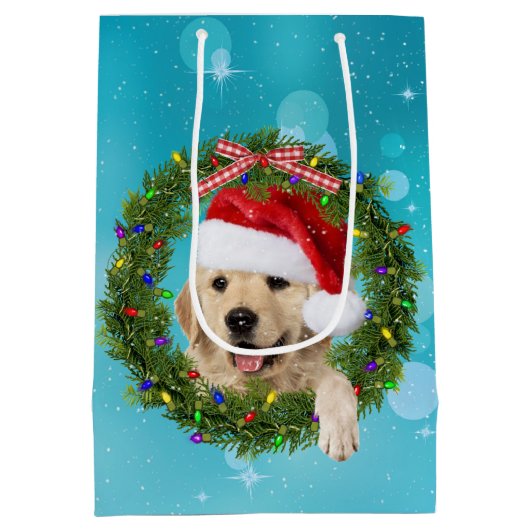 クリスマスゴールデンレトリエバーオンアクア《写真》ぼけ味 ミディアムペーパーバッグ (裏面)