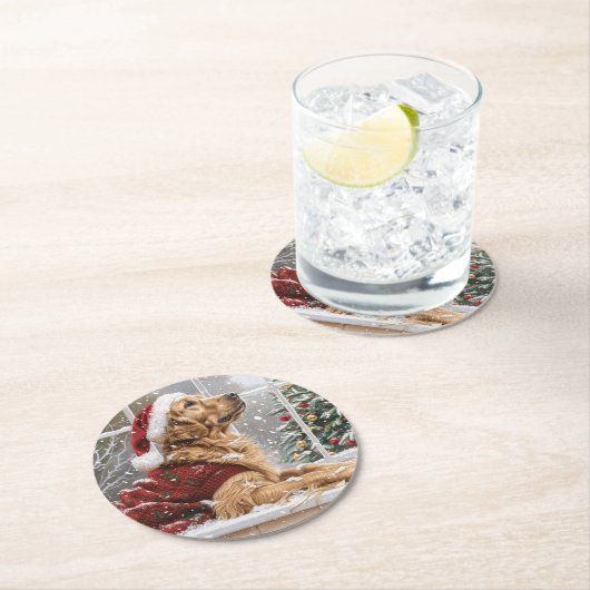 クリスマスゴールデンレトリエバーサンタドッグ ラウンドペーパーコースター (インサイチュ)