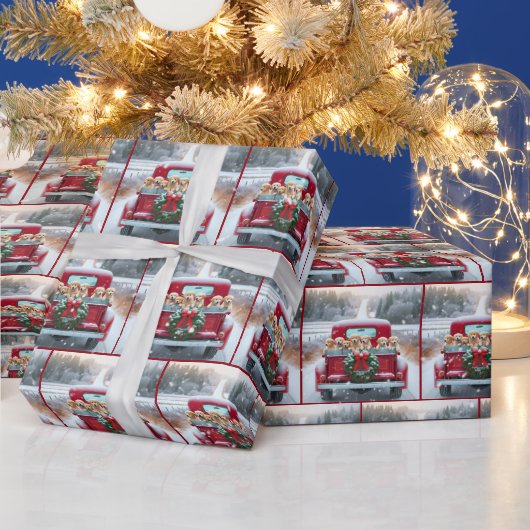 クリスマスゴールデンレトリエバーパピーズのレトロトラック ラッピングペーパー (クリスマス)