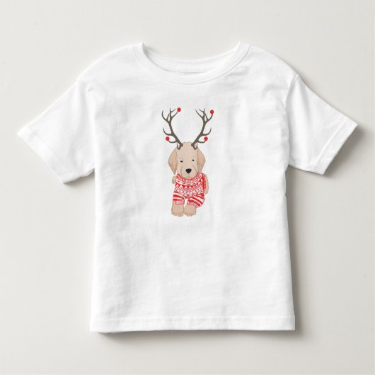 クリスマスゴールデンレトリエバーパピー〔雄ジカの〕枝角セーター トドラーTシャツ (正面)