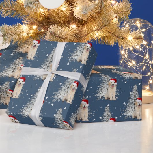 クリスマスゴールデンレトリバーとツリーオンスターズ ラッピングペーパー (クリスマス)