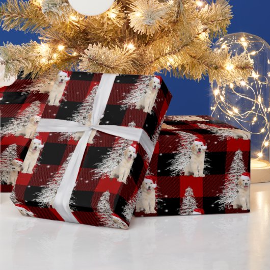 クリスマスゴールデンレトリバーとツリーオンプレイド ラッピングペーパー (クリスマス)