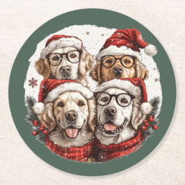 クリスマスゴールデンレトリバードッグ ラウンドペーパーコースター