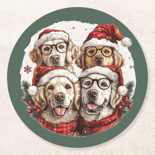 クリスマスゴールデンレトリバードッグ ラウンドペーパーコースター (正面)